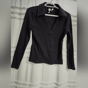 Anthropologie, Black V-Neck Ribbed Women's Top.